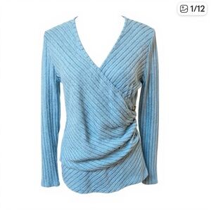 Pale Blue Ribbed Wrap Top with Button Runching